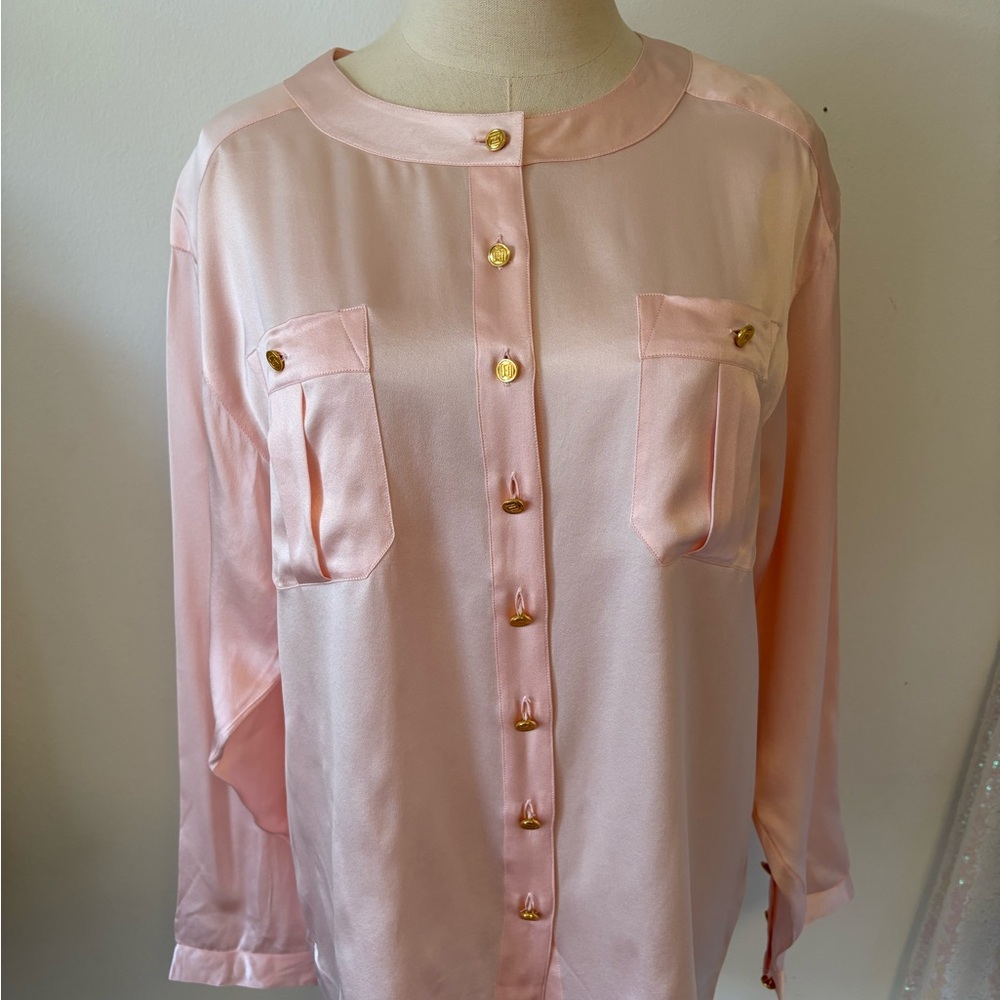 Vintage CHANEL Pink Satin Button-Up Blouse